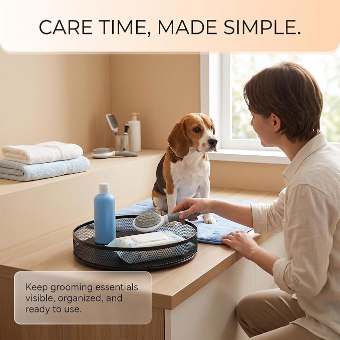 Pethiy Pet Grooming Organizer, Bathroom Rotating Metal Basket with Base | Round Pet Supply Caddy for Dog Shampoo, Brushes, Wipes, Skincare, Bathroom Countertop and Cabinet Storage