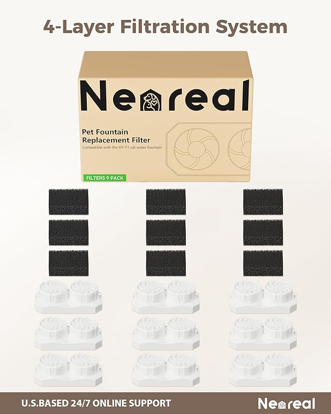 Neareal Official Cat Fountain Replacement Filters & Pre-Filter Sponges for 74oz/2.2L Stainless Steel Pet Water Fountain (9 Pack)