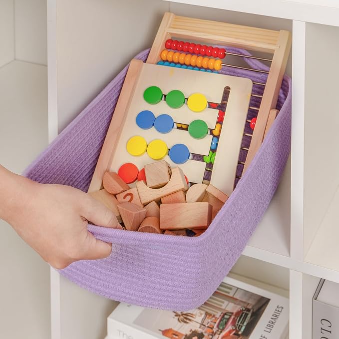 CubesLand Cute and Durable Small Cotton Rope Basket for Organizing | Woven Closet Storage Bin,Shelves Closet Storage Basket, Bathroom Storage Organizer Bin, Nursery Toy Basket Bin, Purple Basket