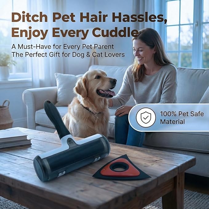 Pet Hair Remover Roller & Triangle Detailer - Reusable Dog/Cat Hair Remover for Couch, Carpet, Furniture & Car - Portable Multi-Surface Pet Fur Removal Tool