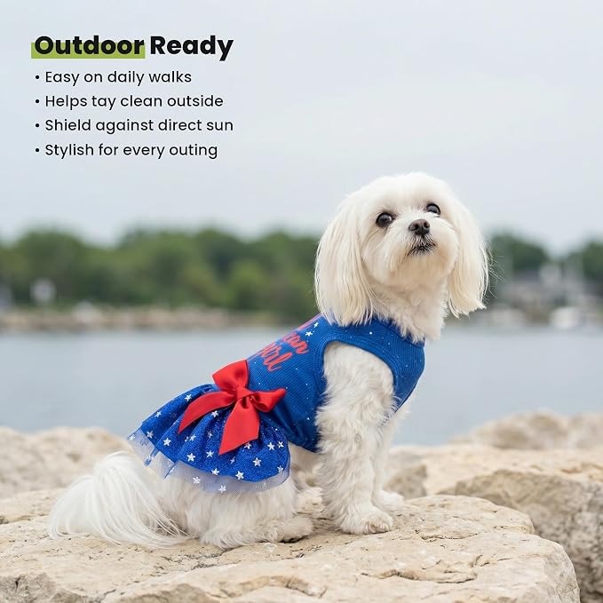 Fitwarm All American Girl Dog Dress, 4th of July Dog Clothes for Small Dogs Girl, Patriotic Dog Tulle Dress, Pet Outfit, Royal Blue, Red, White, XS