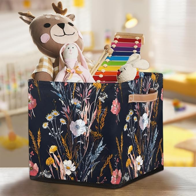 Wildflower Plant Cube Storage Bin, 13 Inch Collapsible Fabric Storage Cubes Bin, Flower Floral Foldable Cube Baskets for Shelf, Closet, Organizer