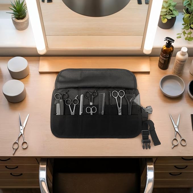 Under NY Sky Scissors Roll Up Case For Salon Hair Cutting Shears, Black | Professional Oxford Canvas Pouch Case, Portable Storage Organizer for Salon Tools, Hair Stylists, Barbers & Hairdressers