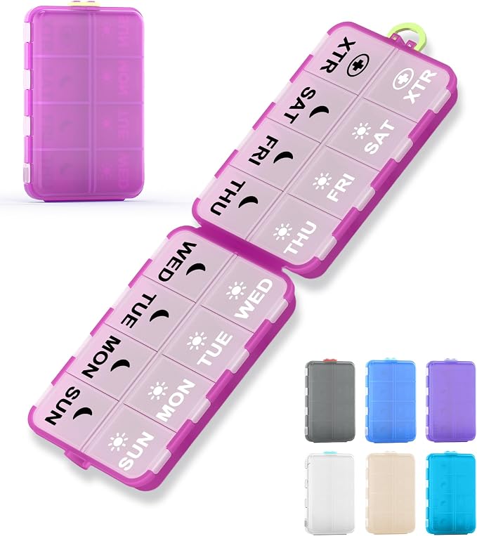 Pill Organizer Travel Medicine Organizer - Weekly Pill Organizer with 2 Extra Compartments, Clear Printed Labels, AM PM Pill Dispenser