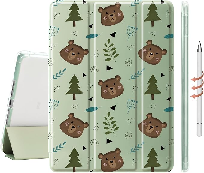 Cute Kawaii Bear Case for 11" iPad Air(2024), Clear TPU Smart Stand Back Cover with Pencil Holder, Auto Wake/Sleep Foldable Shockproof Protective Case