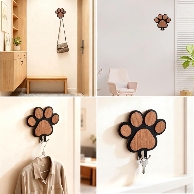 Goodangie00 Wooden Dog Leash Holder Wall Decoration, 3D Dog Paw Harness Wall Mount Hanger Organizer Hooks for Rustic Home Decor, Leashes, Keys, Collars, Hallway, Pet Lover Gift(Black)