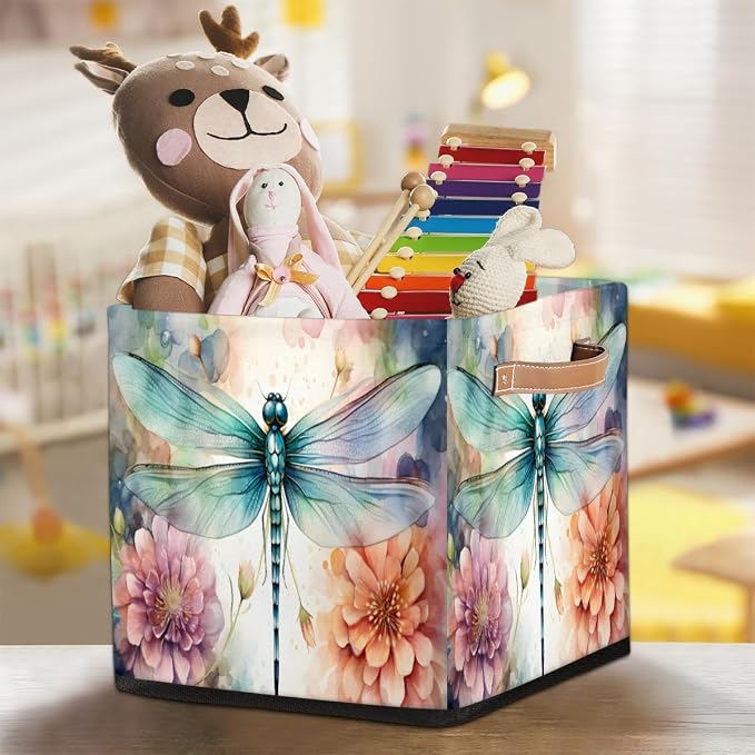 Floral Dragonfly Cube Storage Bin, 13 Inch Collapsible Fabric Storage Cubes Bin, Foldable Cube Baskets for Shelf, Closet, Organizer
