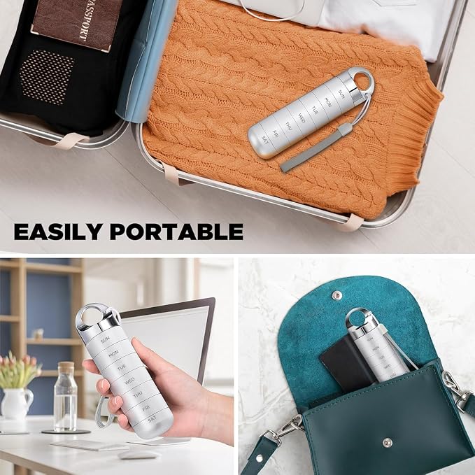 Zannaki Metal Travel Pill Organizer, Portable Waterproof Weekly Pill Box, Large Aluminum Alloy Pill Case Container, BPA Free 7 Day Daily Medicine Organizer Holder for Vitamin, Fish Oil, Supplement