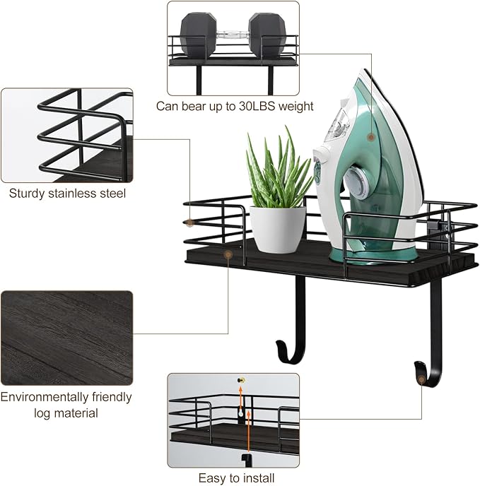 Ironing Board Holder Wall Mount, Metal Ironing Board Hanger with Shelf Laundry Room Decor and Accessories Iron Holder for Laundry, Fits T-Leg Ironing Board, Industrial Decor, Black