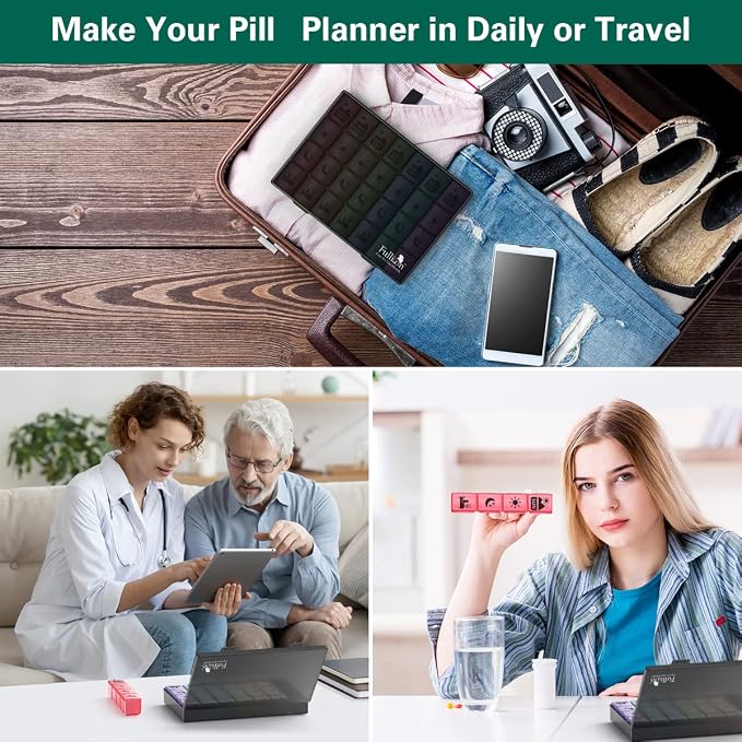 Fullicon Large Pill Organizer 4 Times a Day, 7 Day Pill Box, Black Rainbow | Each Compartment Holds 12 Fish Oils or 13 Vitamins, Clear Daily Icons, Durable Printing, Easy Open, Secure Snap Lids