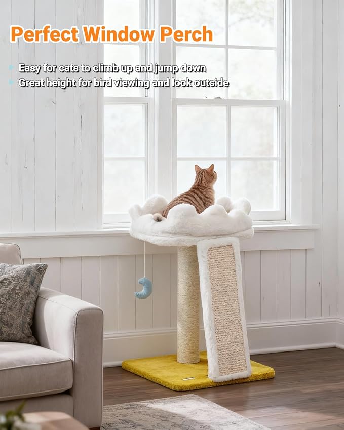 Cat Tree, Cloud Cat Tower with Soft Bed, Cat Scratching Post & Pad with Larger Perch for Window Viewing, Small Cat Tree with Cute Toys, Bonus Catnip