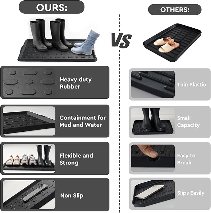 tchdio Durable Rubber Boot Tray and Shoe Mat for Entryway - Heavy Duty Waterproof Shoe Tray Organizer, Non Slip Boot Trays for Front Door, Entryway Muddy Shoes Storage, 16x27.5 Inches