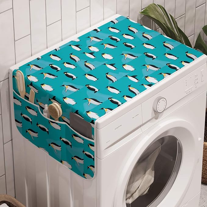 Ambesonne Turquoise Blue Washing Machine Organizer, Icebergs and Penguins, Anti-slip Fabric Top Cover for Washer Dryer, 47" x 18.5", Turquoise Grey