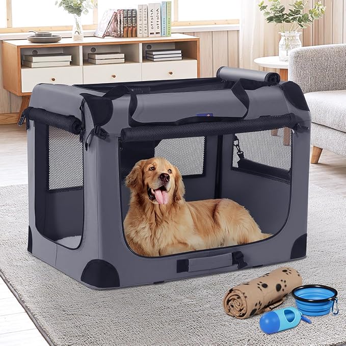 Petprsco Collapsible Dog Crate, 40 inch Portable Dog Crates for Large Dogs | Large Soft Foldable Dog Crate & Kennel for Travel, 3-Door with Sturdy Steel Frame & Durable Mesh Windows, Indoor/Outdoor