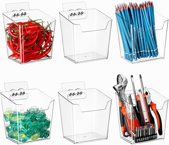 6 Pack Drink Packet Organizer, Clear Acrylic Cabinet Door Organizer Adhesive, Wall Mount Caddy Utensil Holder Floating Bin for Tea Bag Kcup Storage, Sewing Tools, Laundry Pods, Small Cleaning Supply