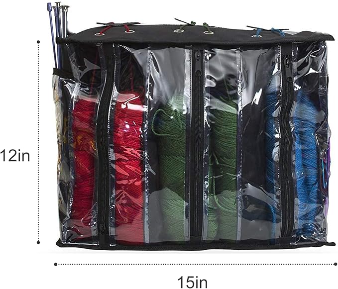 MEKBOK Knitting Organizer Portable Knitting Yarn Storage Bag With Multiple Pockets, Individual Compartments, Carrying Shoulder Strap - Clear Plastic Tote Bag For Needles, Crochets & Threads