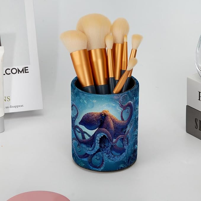 Faux Leather Pen Holder for Desk, Pencil Organizer octopus Pen Cup Desk Decor Makeup Brush Holder Storage for Office Home