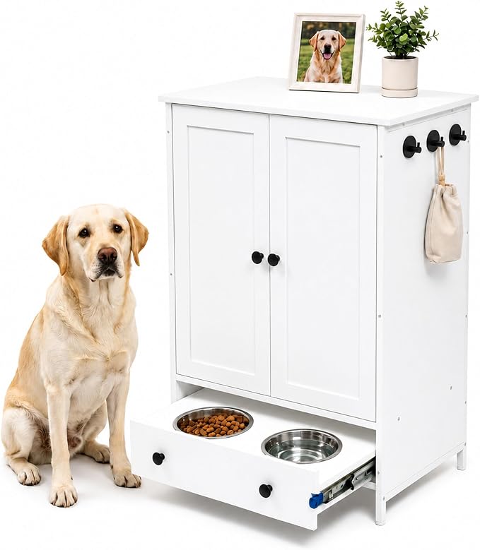 Dog Feeding Station with Storage Cabinet, Hidden Pull-Out Drawer | Metal Slide Rail, White Pet Food Storage Cabinet, 2 Elevated Bowls, Adjustable Shelf & 3 Hooks for Leashes, Collars, Toys