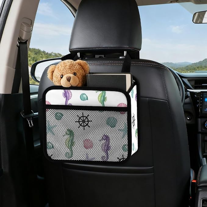 Seat Back Organizer for Car, Backseat Storage Bag Over the Seat, Sea Horse | Seashell Anchor, PU Leather Auto Interior Accessories with Mesh Pocket, Universal Fit