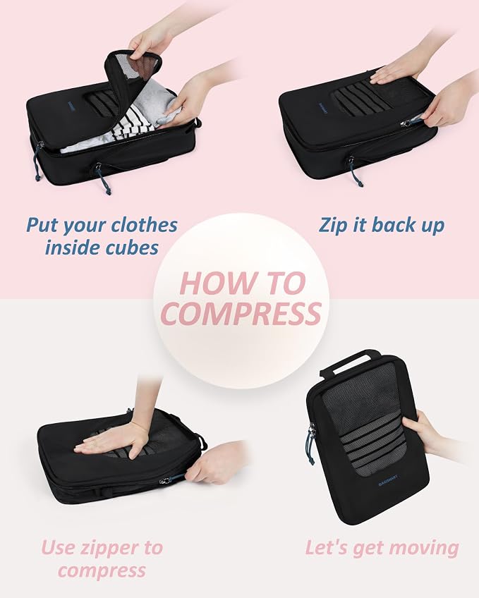 Bagsmart Compression Packing Cubes, Travel Bag Cruise Ship Essentials | Lightweight, Compressible Suitcase Organizer Set fit Standard Carry-On & Checked Luggage, 6 Set, 14 Set Washable Packing Bags