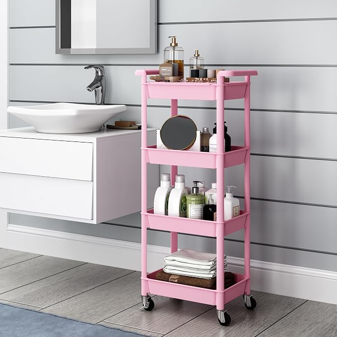 STEEHOOM Utility cart with Tabletop 4 Tier Rolling Cart Organizer with Wheels Movable Storage Cart for Office, Living Room, Kitchen, Craft Room, Pink