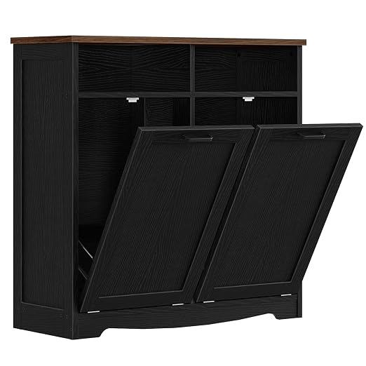 HOOBRO Double Tilt Out Trash Can Cabinet, 20 Gallon Kitchen Trash Bin Cabinet, Hidden Trash Storage with Open Compartments, Hidden Laundry Hamper, for Kitchen, Laundry, Black and Walnut BH04LJ01