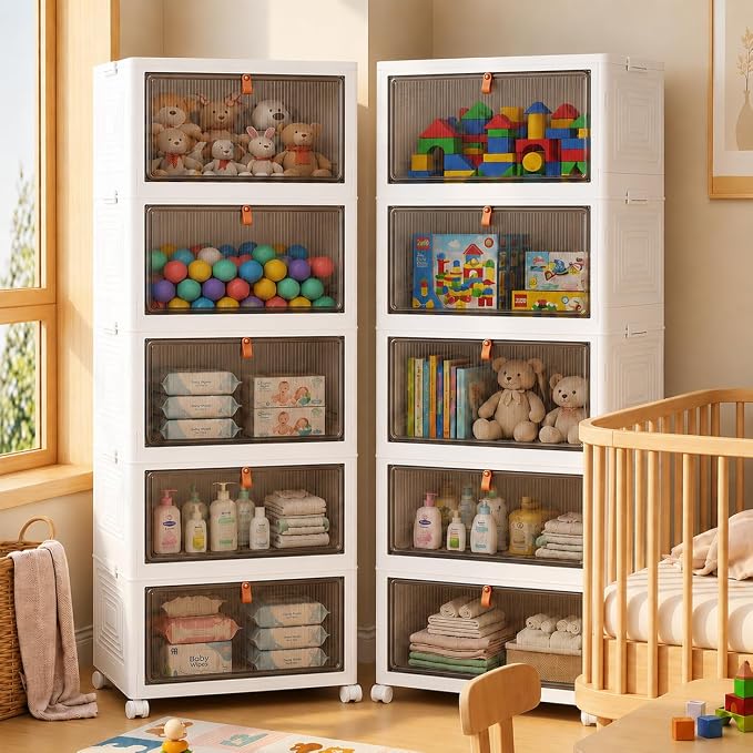 LDQ 170 Qt Large Storage Bins with Lids, 5 Tier Stackable Storage Cabinet with Wheels & Clear Doors, Foldable Plastic Closet Organizer for Bedroom, Bathroom & Kitchen