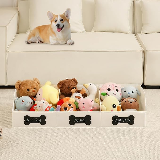Qozary Large Dog Toy Basket with Diy Tag - Collapsible Dog Toy Bin, Fabric Personalized Dog Toy Box, Trapezoid Dog Toy Storage and Organizer for Pet Supplies