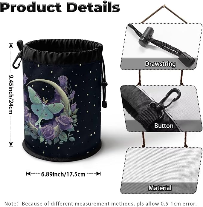 Clothespin Bag Holder Outside, Starry Night Moon Rose Multiple Hanging Methods Clothes Pin Bag with Drawstring Closure, Ventilation Clothespin Storage Organizer with Hooks