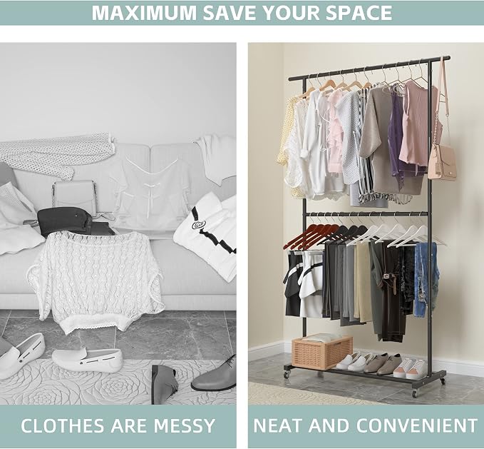 Sywhitta Double Rod Clothing Garment Rack, Rolling Clothes Organizer on Wheels for Hanging Clothes, Easy to Assemble, Adjustable, Black (Pack of 2)