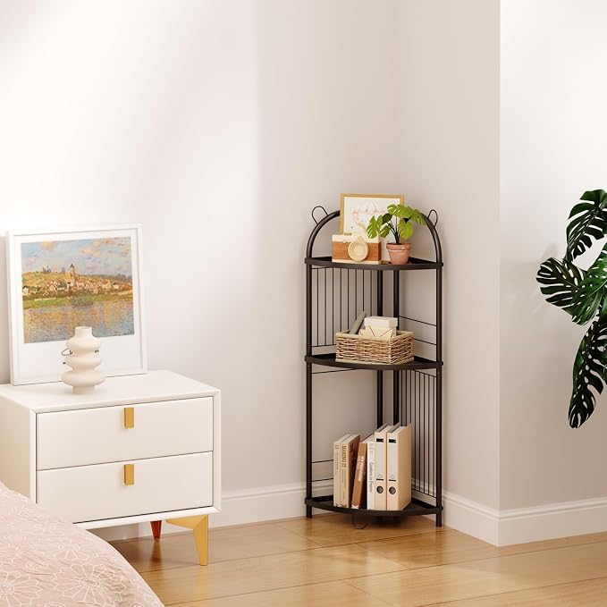 Corner Bathroom Shelf Metal Short Corner Stand Shelf Black Small Bathroom Storage Corner Shelf Unit for Toilet Shower Room 3 Tier