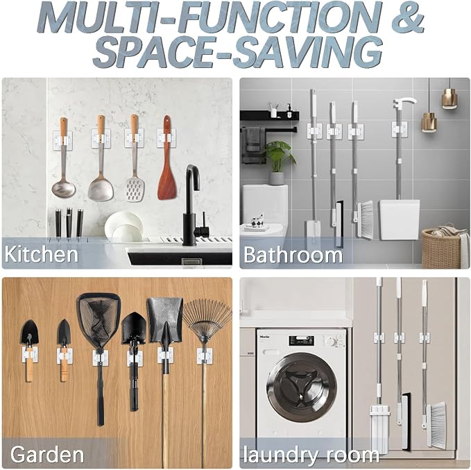 3-H 24-Pack Self Adhesive Broom Holder Wall Mount - Heavy Duty No Drill Broom Organizer for Garage Closet Kitchen, Plastic Storage Rack for Brooms Mops Tools, Peel and Stick Adhesive, White