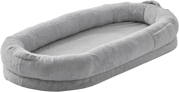 VEVOR Human Dog Bed, 67.7"x35"x9.8" Human Dog Bed for Adult People, Large Size Beds with Washable Faux Rabbit Fur Cover, Egg Orthopedic Foam, Storage Pocket, Bean Beds for You and Pet, Light Grey