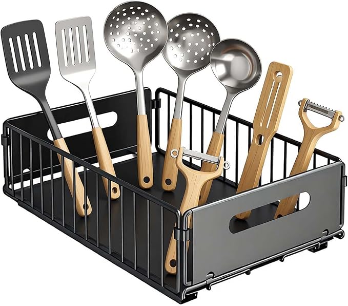 Slide-Out Storage Organizer 9.6"x14.8"x4" Matte Black Rustproof Carbon Steel Pull Out drawer Tray with Adhesive Taps and Screw Installation for Bathroom Cabinet,Under Sink, Dresser
