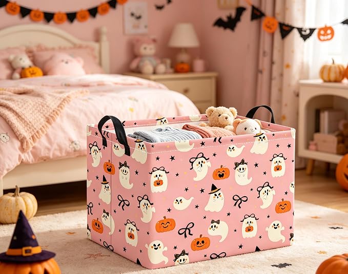 Halloween Basket Cute Baskets for Kids Pumpkin Basket Rectangular Storage Bin Organizer Box Room Decor(Bowknot Ghost)