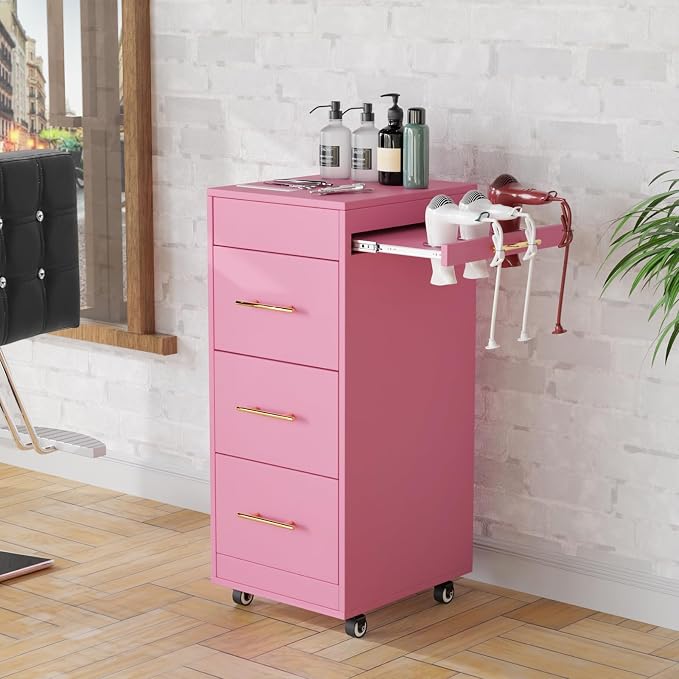Salon Trolley Cart with Wheels, Wooden Hair Storage Cabinet, Stylist Cart Mobile Hairdressing Barber Station for Beauty Spa Barbershop, 3 Large Drawers, 3 Hot Tool Holders, Pink