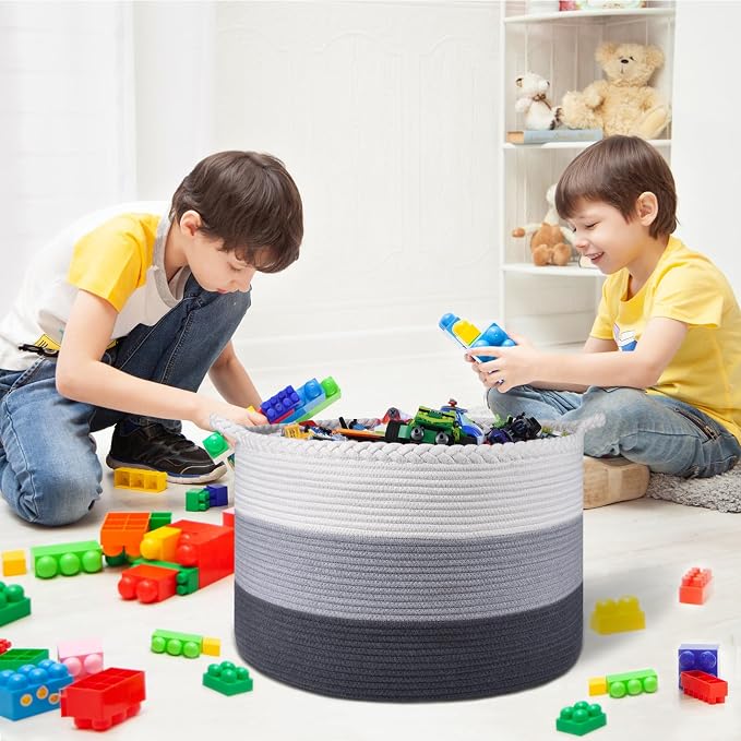 COMSE Large Woven Blanket & Laundry Basket, 87L, White & Gray | 21.7" x 13.8", Cotton Rope, Nursery Hamper for Storage of Toys Clothes Towels, Ideal for Living Room Bedroom Bathroom