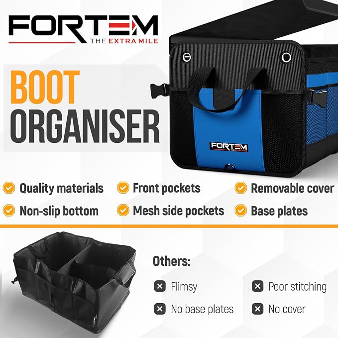 FORTEM Trunk Organizer - Collapsible Car Organizer & Storage Bag for SUVs | Car Accessories for Men & Women, Cooler Bag, Non Slip Bottom, Straps, Soft Cover, 1680D Oxford, 3 Compartments, Blue, 50L