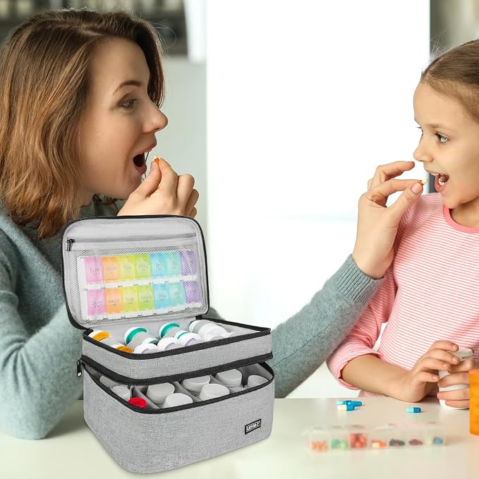LEFOR·Z Medicine Storage Bag,Double Layers Pill Bottle Organizer Bag Empty | Medical Supplies Bag with Lockable Zipper & Adjustable Divider,Medication Travel Carrying Bag for Pills,Vitamins,Grey