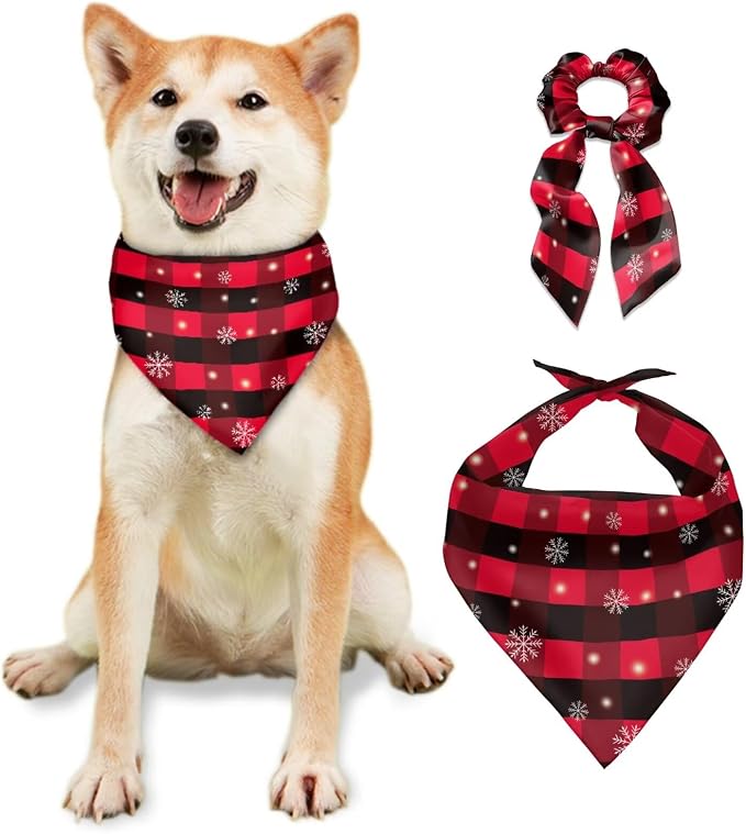 COEQINE Plaid Dog Bandana with Rip Tie Hair Ties for Women Cute Dogs Bandanas Small Pet Christmas Costume for Holiday Food Cosplay Clothes Party Costumes