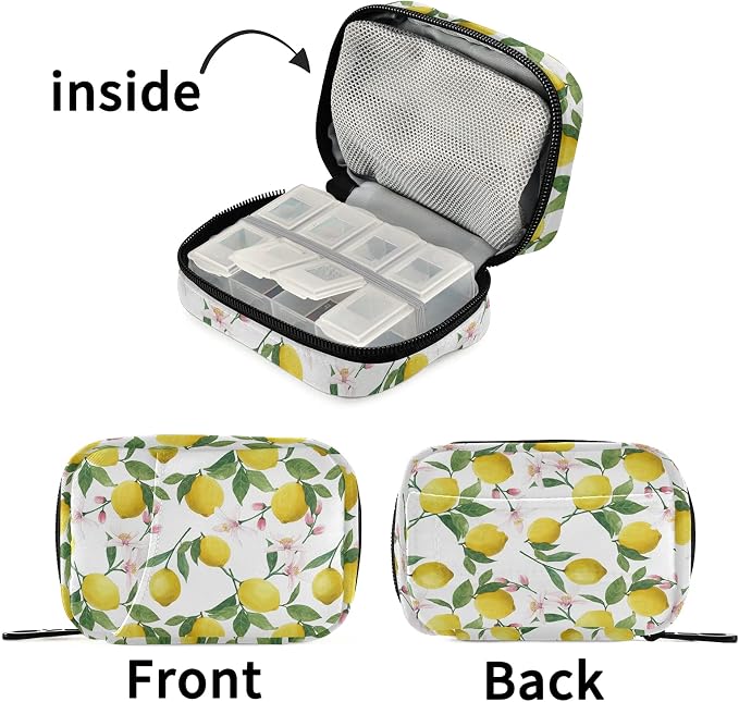 Watercolor Floral Lemon Pill Box 7 Day Pill Case Travel Pill Organizer Bag with Zipper Portable Weekly Case Compact Size for Vitamin Supplement Holder
