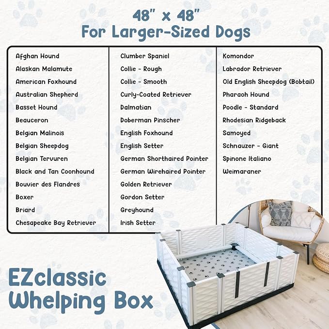 EZclassic Large Dog Whelping Box with Rails, 48x48x18 in, Gray Pad | Large 48x48 whelping box with puppy safety rails, waterproof gray pad, sturdy easy-clean build, and portable tool-free setup