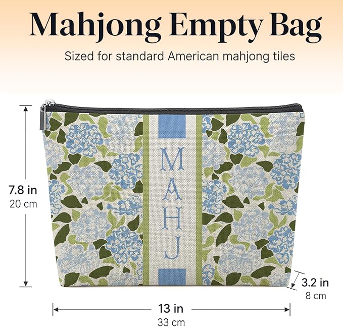 Blue and Green Hydrangea Empty Mahjong Tile Bag 13x7.8 Inch, | Blue Floral Printed Portable Travel Case Organizer Zipper Pouch for American Mahjong Tiles Game Night Accessories and Gifts