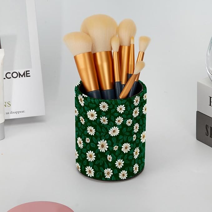 Faux Leather Pen Holder for Desk, Pencil Organizer Daisy Pen Cup Desk Decor Makeup Brush Holder Storage for Office Home