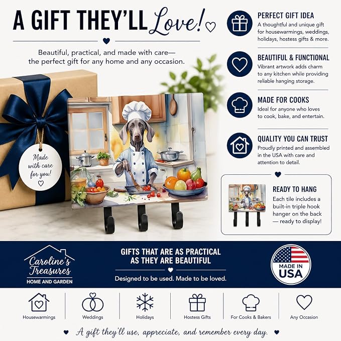 Caroline's Treasures Weimaraner The Chef Leash or Key Holder Wall Hooks, Key Hooks Holder, Coat Rack Wall Mount, Coat Hooks, Hooks for Hanging Keys, Towels, Aprons, Leashes | Weimaraner The Chef artwork on ceramic tile with three steel hooks for keys, ...