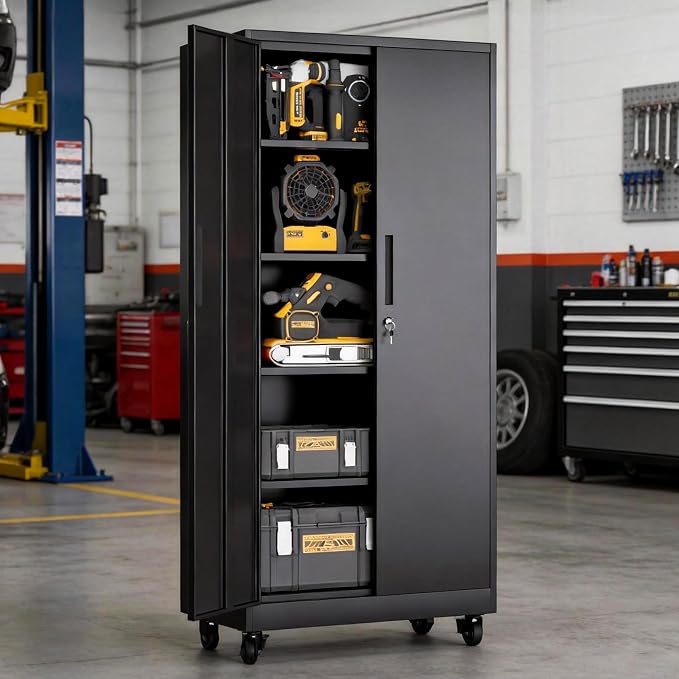 Metal Storage Cabinet for Garage, Tool Cabinet, Utility Cabinet | with Wheels, Tall Tool Cabinet, Lockable, 2 Doors, 4 Adjustable Shelves, Assembly Required, Black