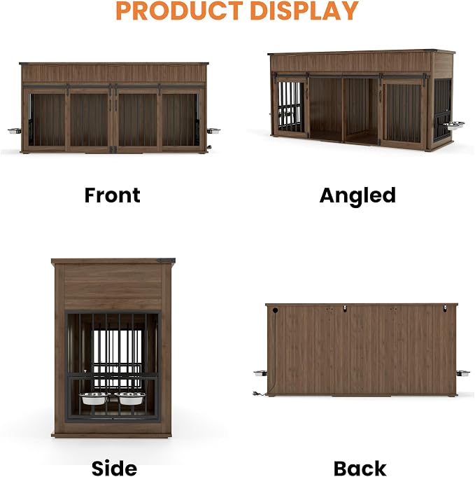 71" Large Dog Crate TV Stand with 3 Fluted Drawers, Furniture Style Wooden Double Dog Crate Furniture with Power Outlet and Rotating Feeders, Dogs Cage for Small Medium Large Dogs, Walnut