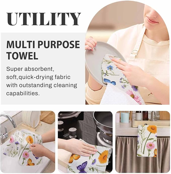 Vintage Floral Waffle Kitchen Dish Cloths Herbs Wild Flowers Botanical Colorful Ultra Soft Absorbent Quick Drying Dish Towels 16 X 24 Inches Set of 2