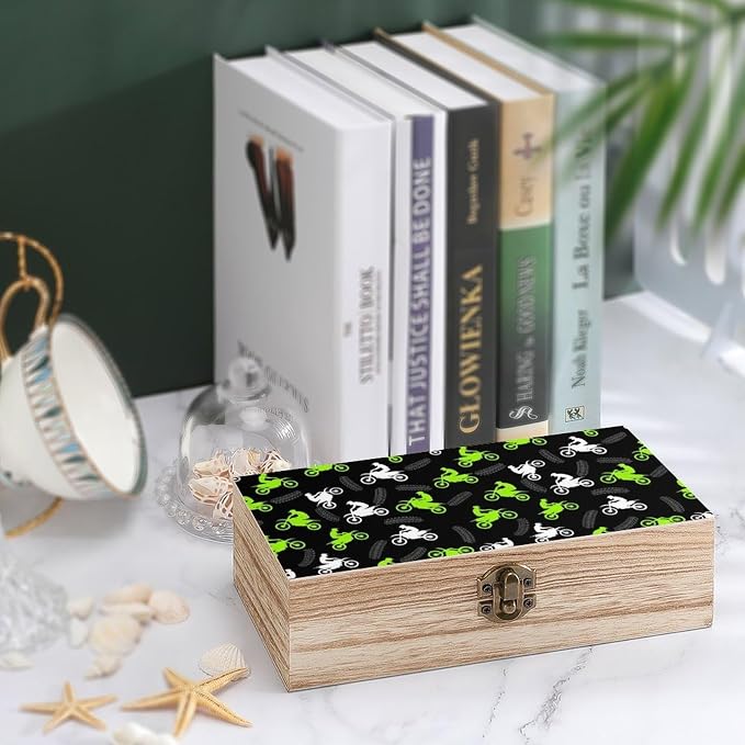 Wooden Keepsake Box Memory Storage Box with Lid, Dirt Bike Motorcycle | Rectangle Gift Boxes for Crafts Letter Photos, Jewelry Organizer Case, Home Holiday Party Favor Decor, 9.2"x5.5"x3.9"