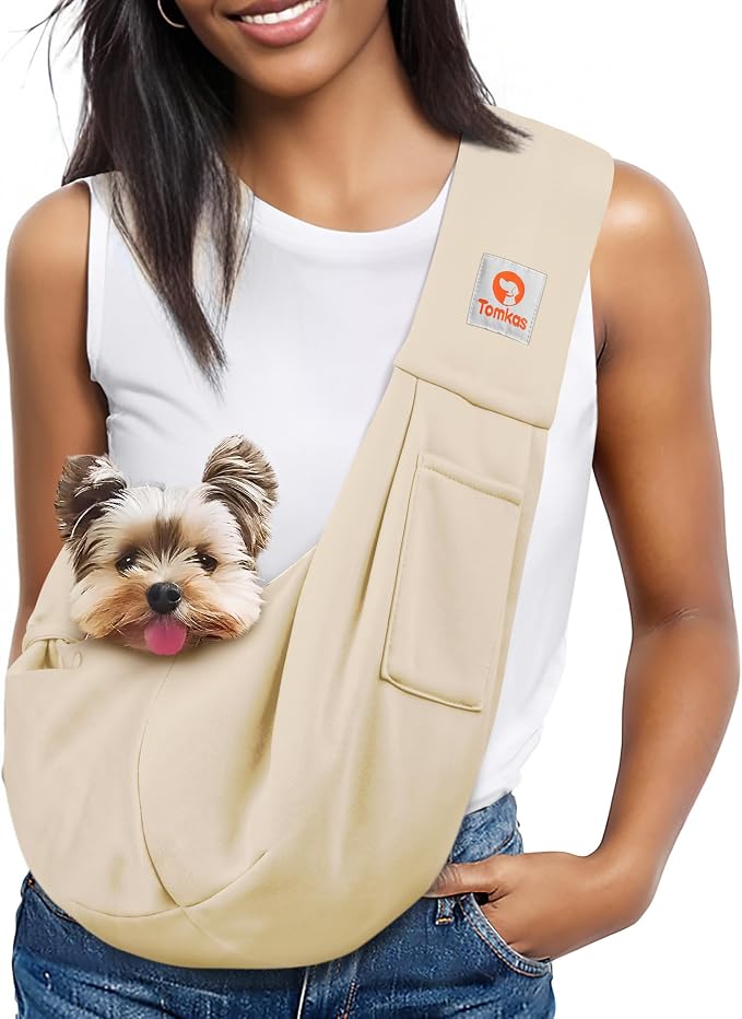 Tomkas Small Dog Cat Sling Carrier Puppy Purse Travel Wrap Soft Crossbody Pet Bag (Cream, M - Classic Pocket & Classic Strap)